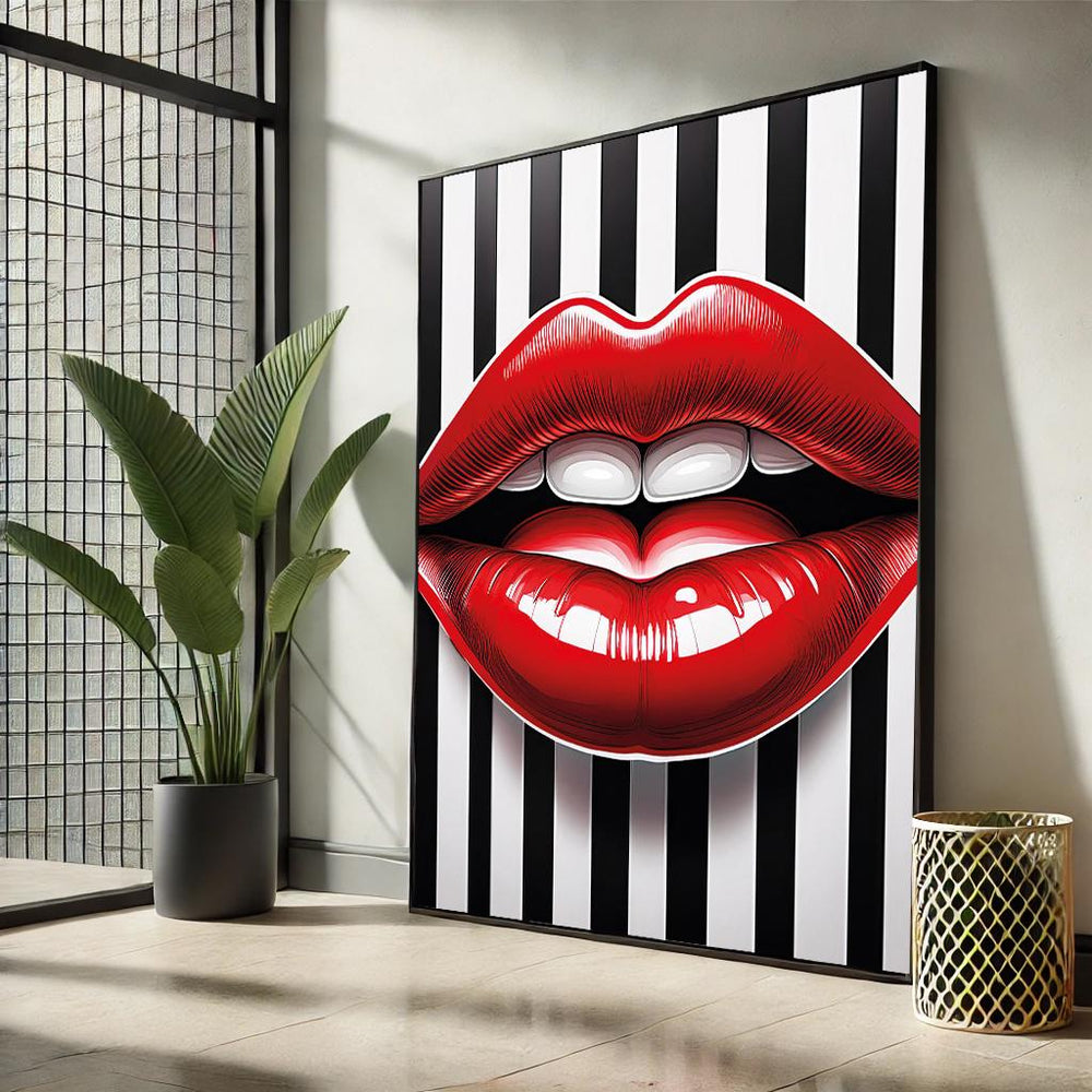 Red Lips Pop Art Canvas – Black and White Striped Wall Decor