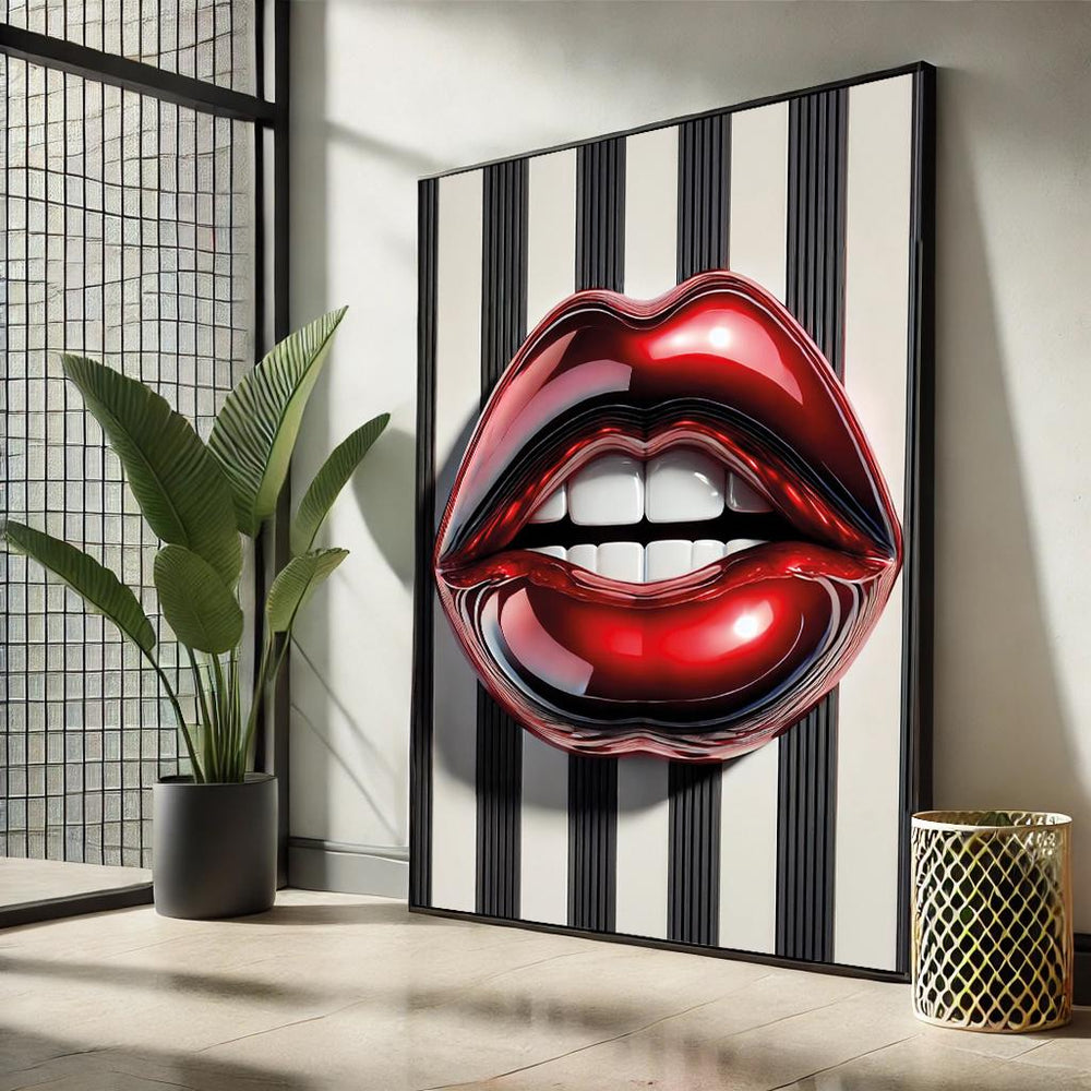 Modern Lips Pop Art Canvas – Black & White Striped Wall Decor