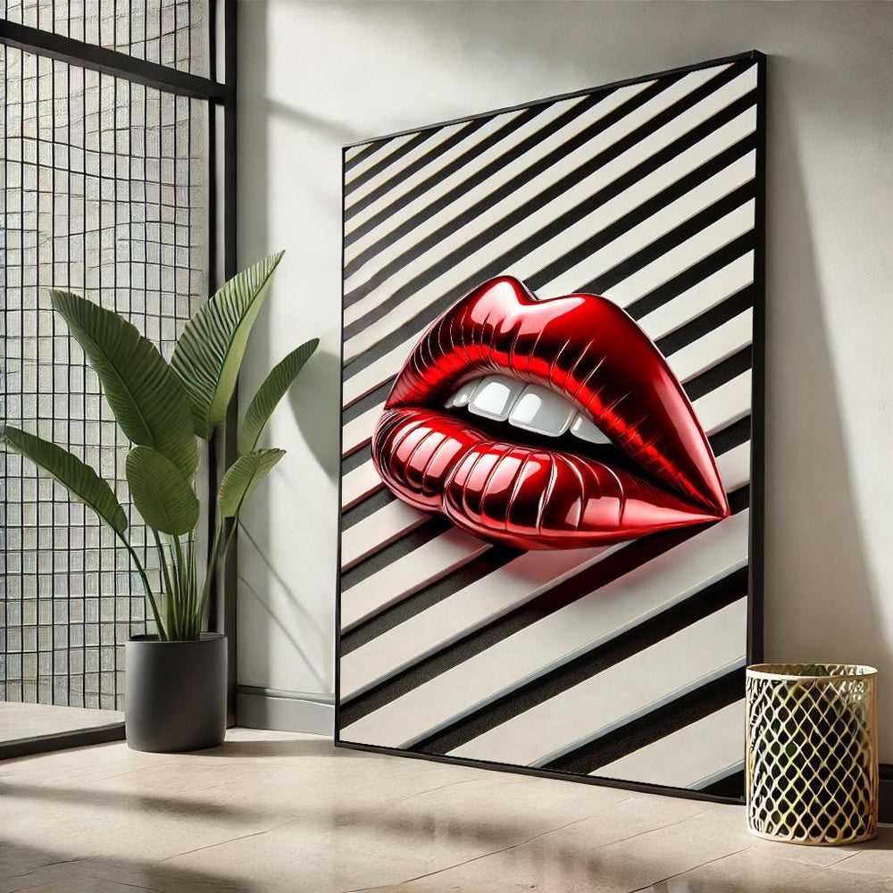 Modern Red Lips Pop Art Canvas – Black & White Stripes