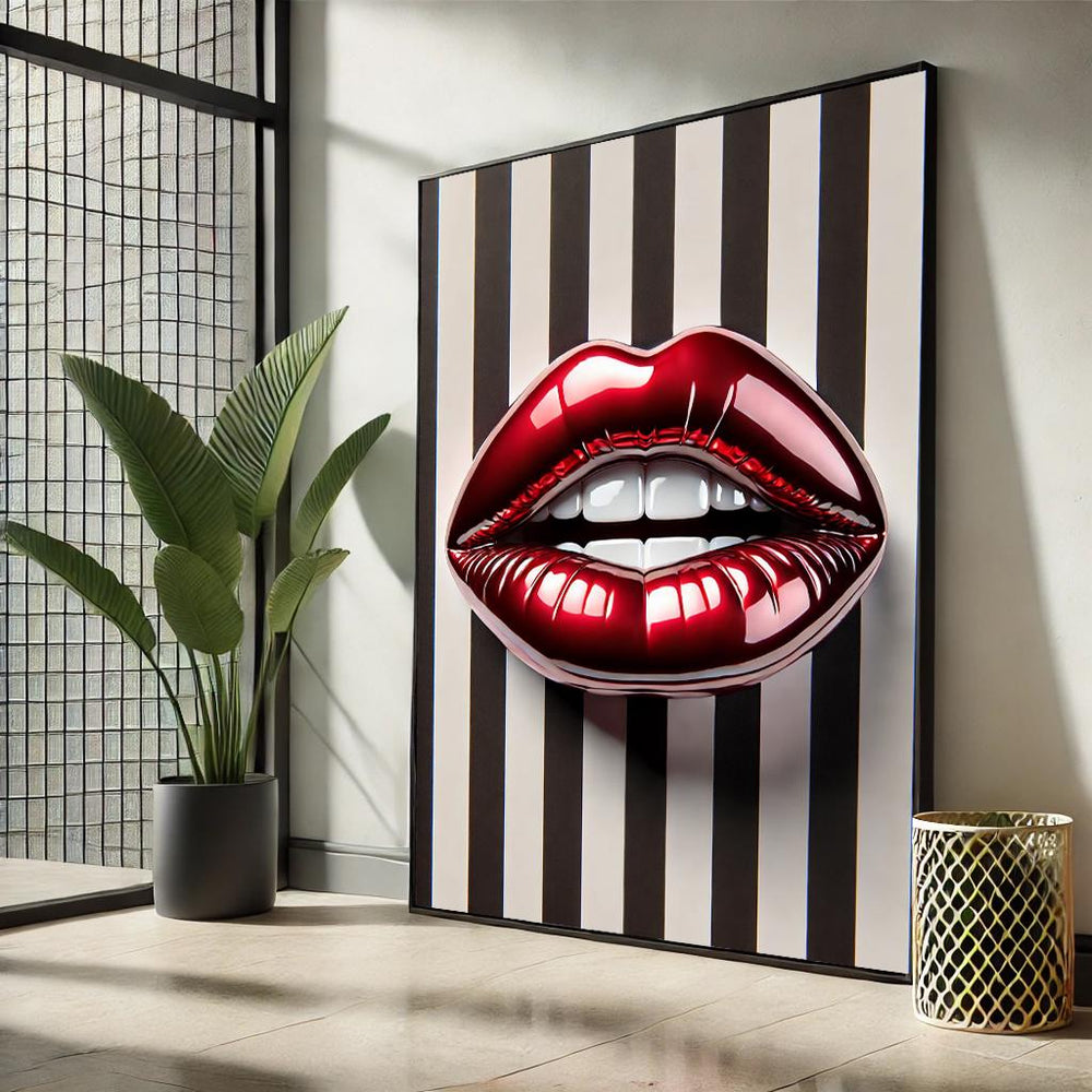 Lips Pop Art Canvas – Black & White Striped Wall Decor