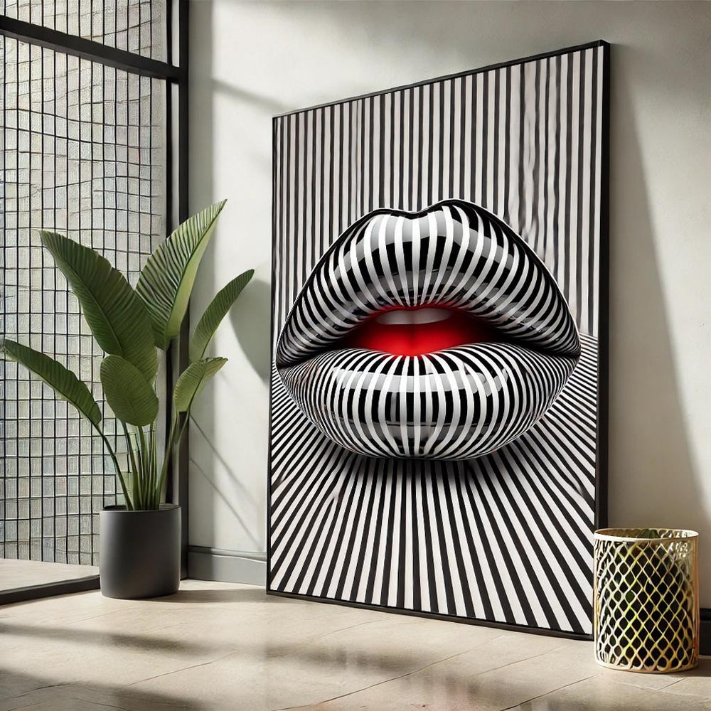 Lips Pop Art Canvas – Black & White Striped Modern Decor
