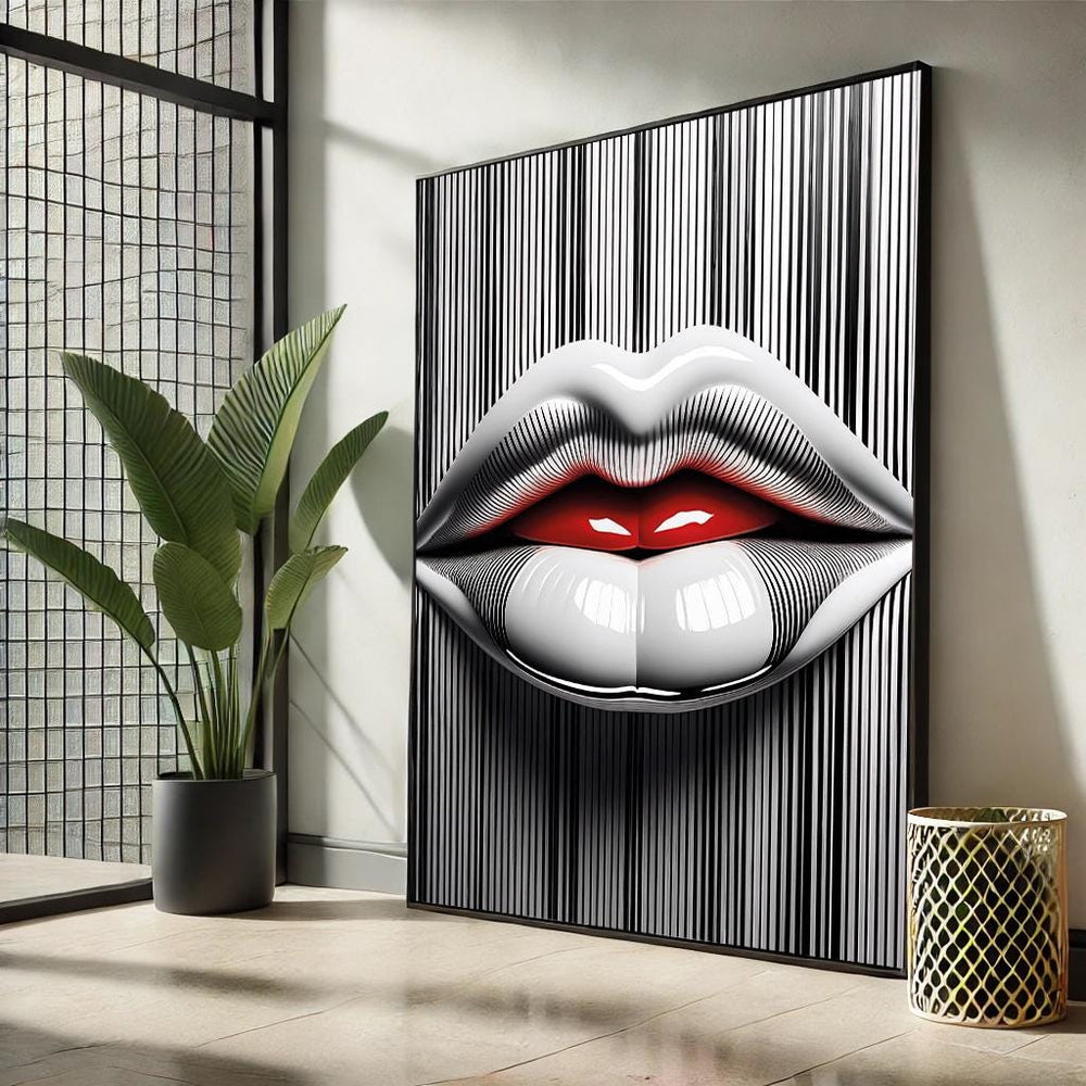Lips Pop Art Canvas – Black & White Striped Wall Decor