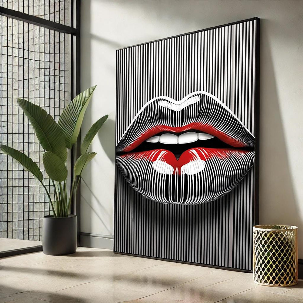 Modern Lips Pop Art Canvas – Black & White Striped Decor