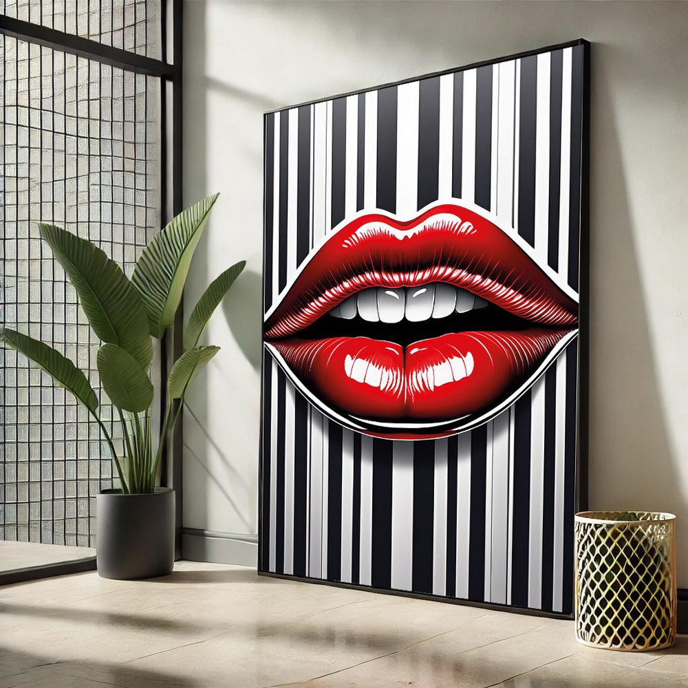 Red Lips Pop Art Canvas – Black and White Striped Wall Decor