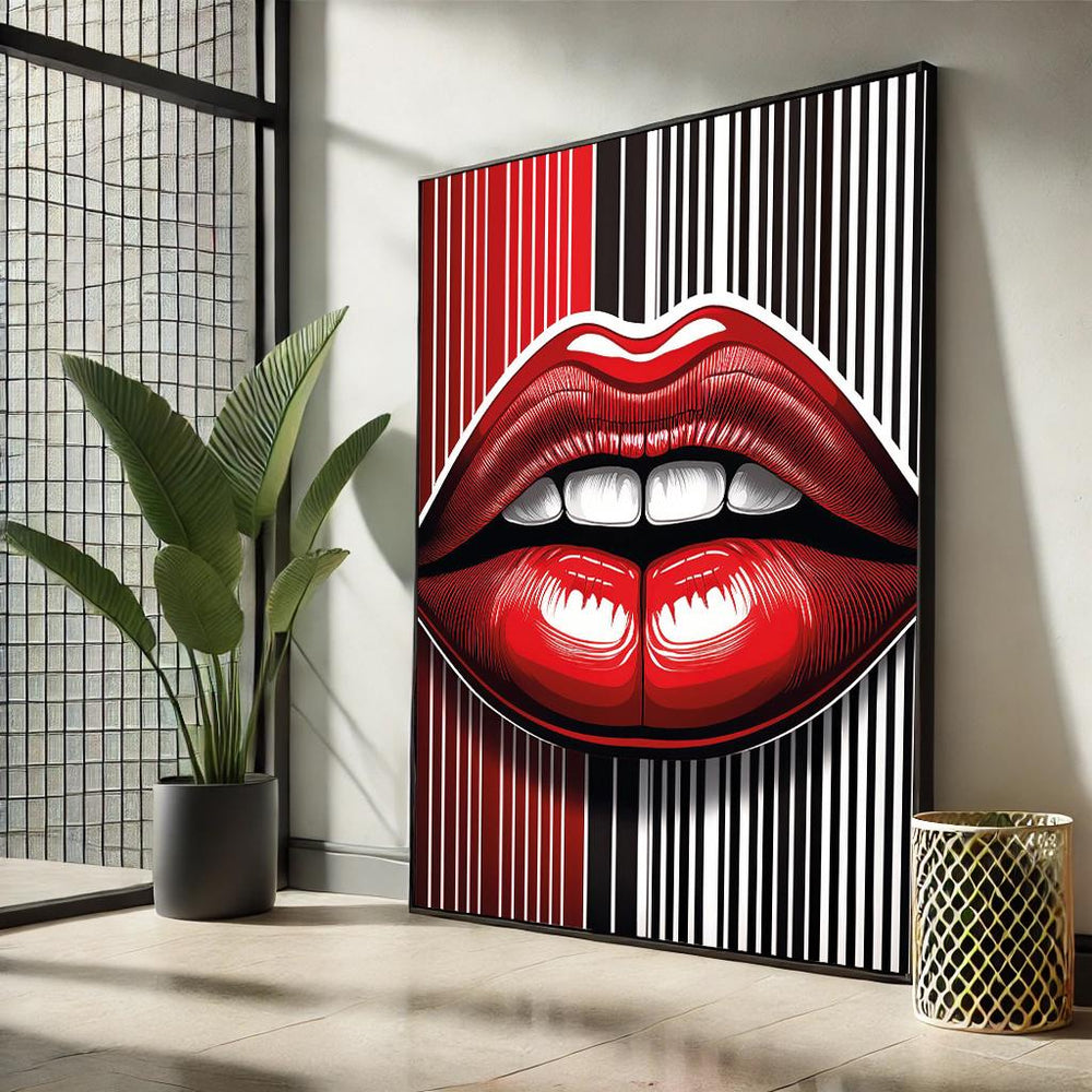 Modern Lips Pop Art Framed Canvas – Black & White Striped Wall Decor