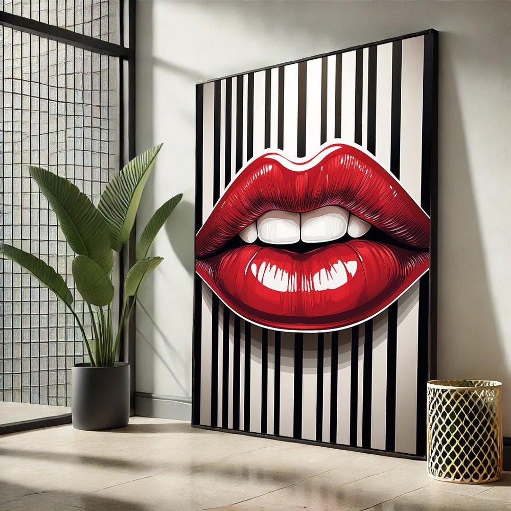 Modern Lips Pop Art Canvas – Black & White Striped Wall Decor
