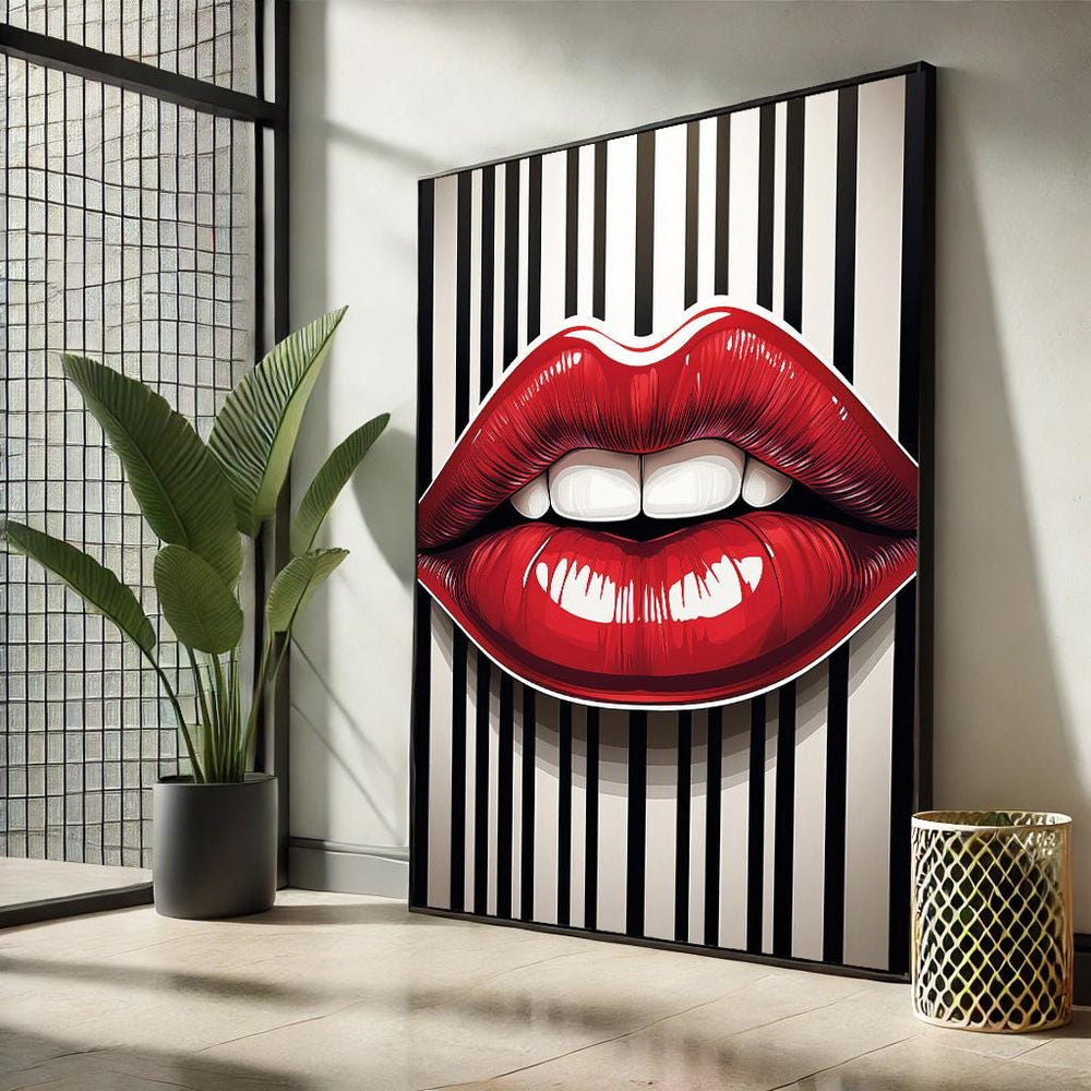 Lips Pop Art Canvas – Black and White Striped Wall Decor
