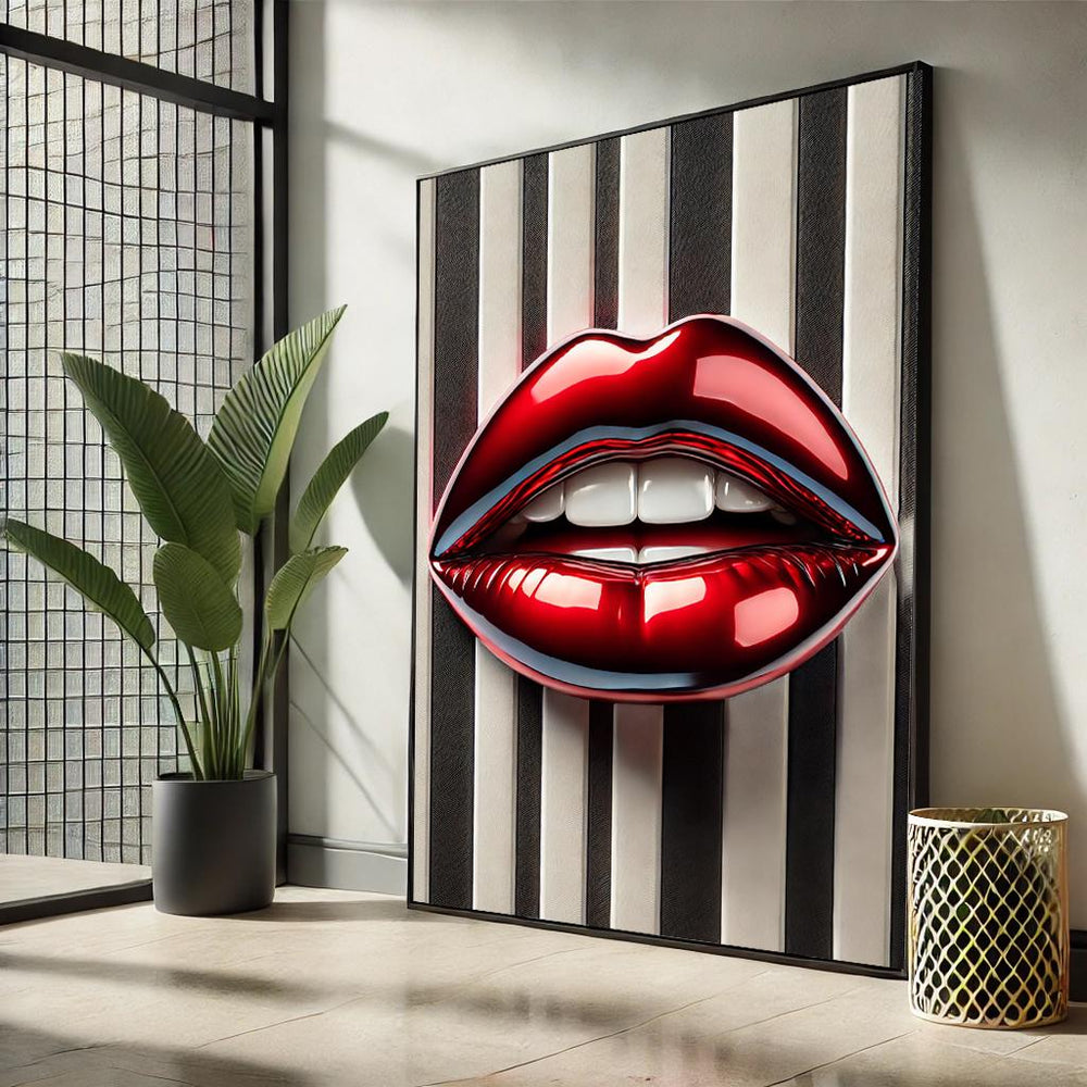 Pop Art Lips Canvas – Black & White Striped Wall Art
