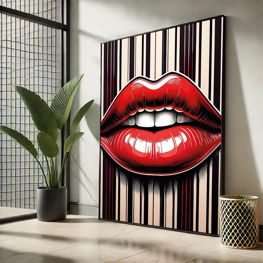 Lips Pop Art Canvas – Black & White Striped Wall Decor