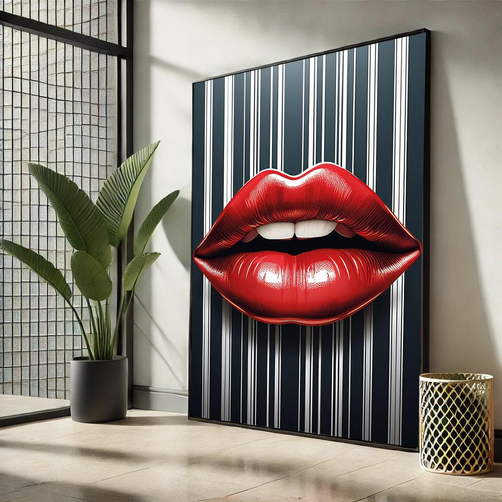 Lips Pop Art Canvas – Black & White Striped Wall Decor