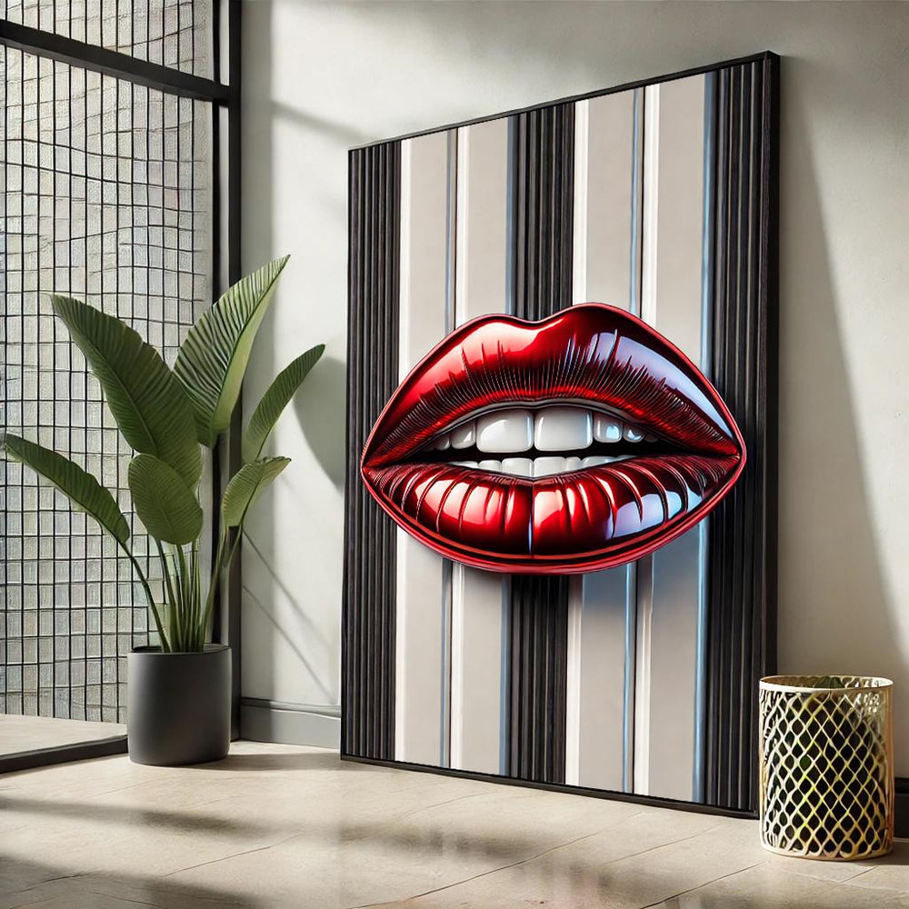 Lips Pop Art Canvas – Black and White Striped Wall Decor