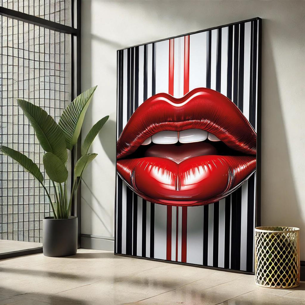 Modern Lips Pop Art Canvas – Black and White Striped Wall Decor