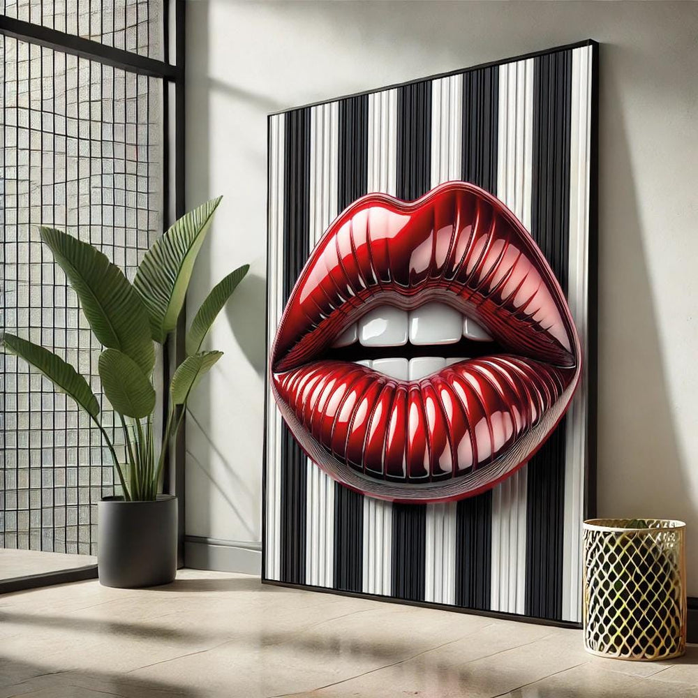 Lips Pop Art Canvas – Black & White Striped, Modern Wall Decor