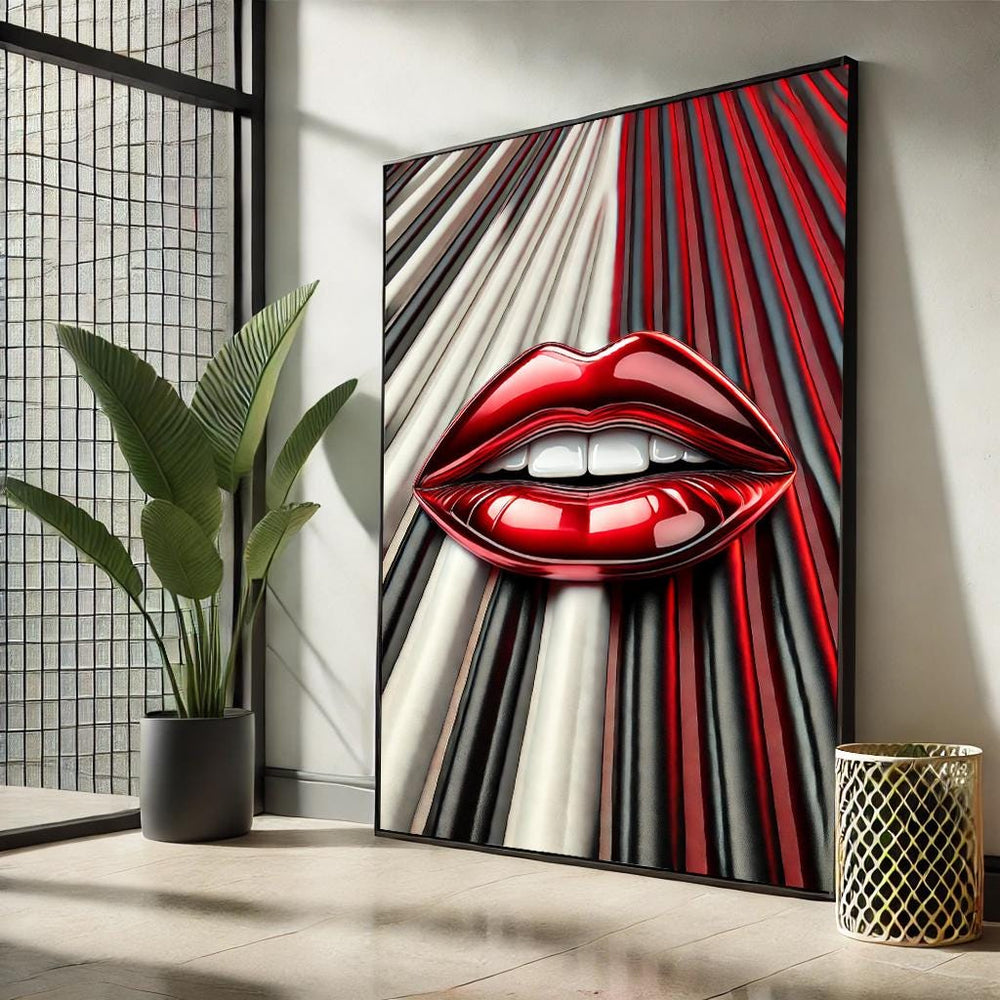 Lips Pop Art Canvas – Black and White Striped Wall Decor