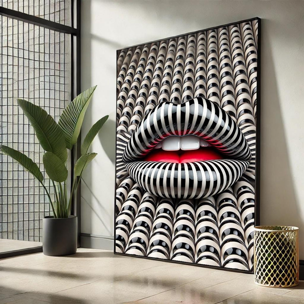 Modern Lips Pop Art Canvas – Black & White Striped Wall Decor
