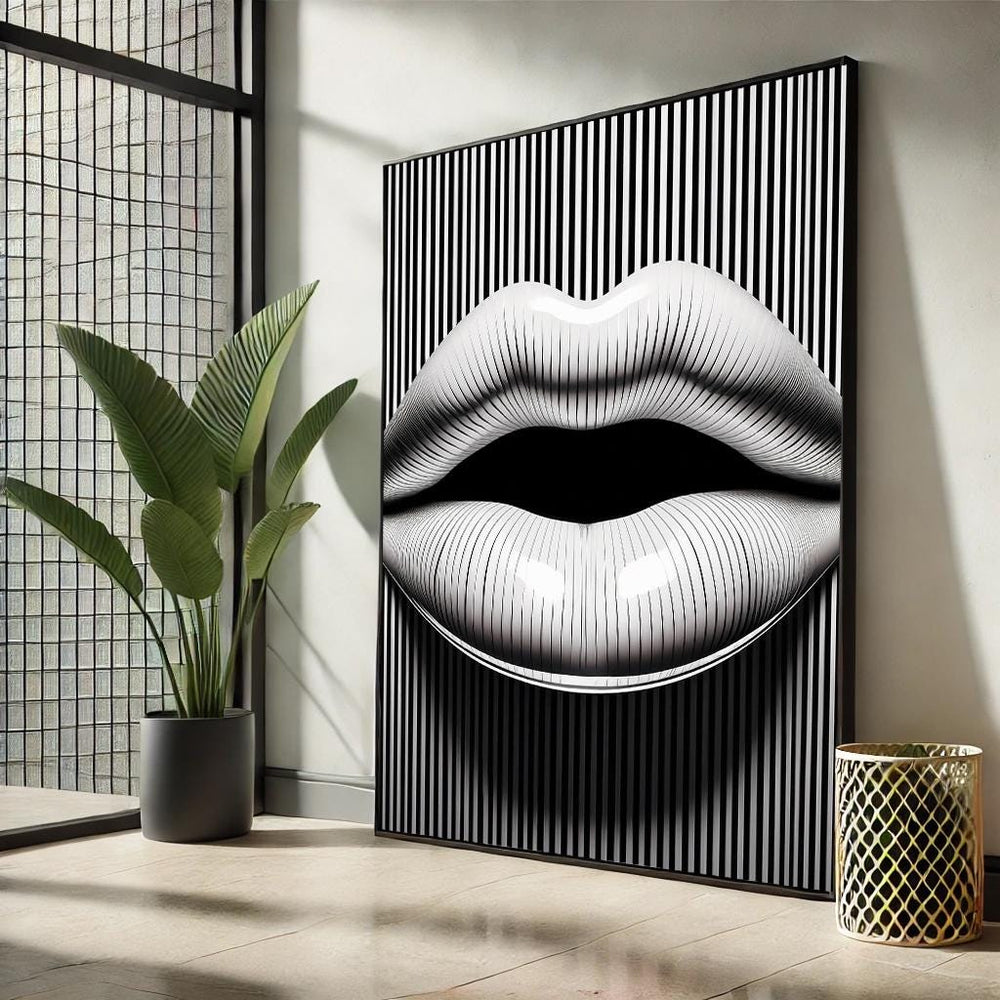 Lips Pop Art Canvas – Black and White Striped Wall Decor