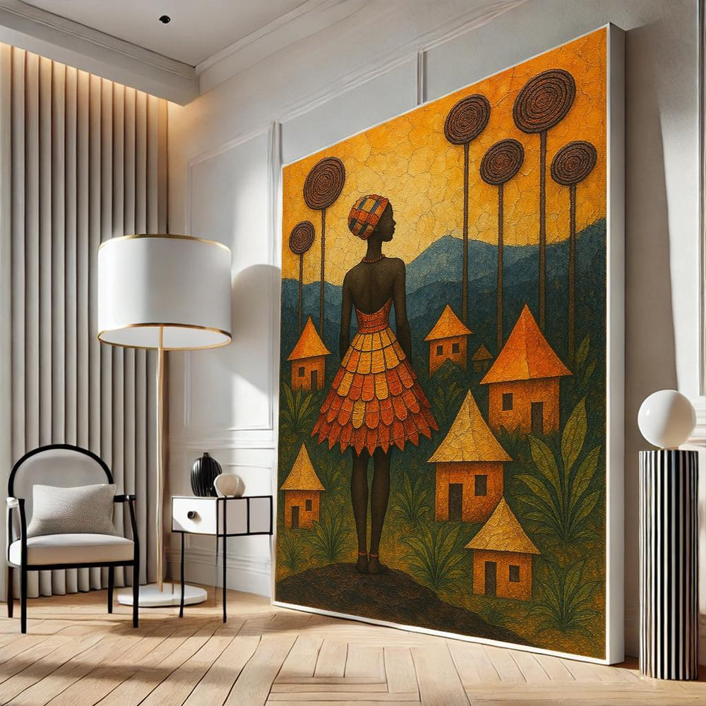 African Woman Canvas Print, Tribal Village Wall Art, Cultural Home Decor