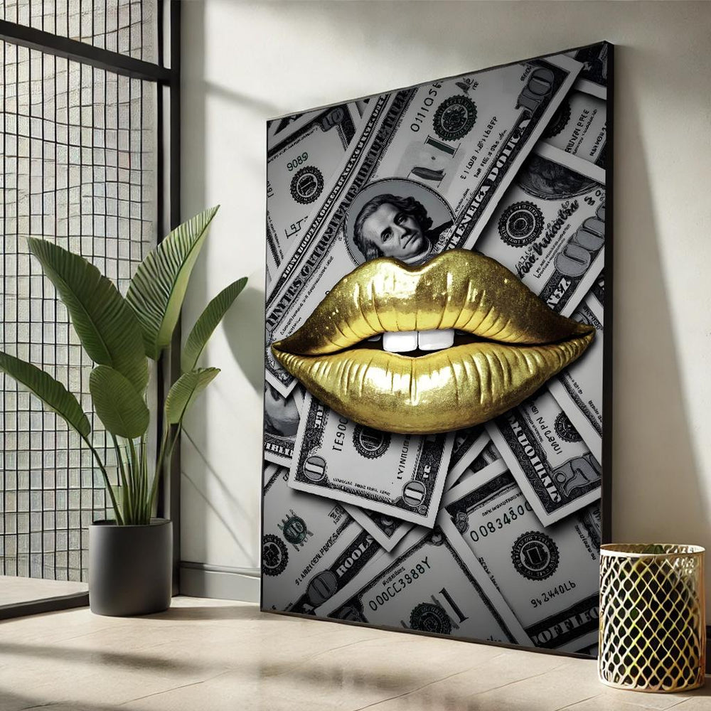 Gold Lips Money Canvas, Pop Art Glam Office Decor