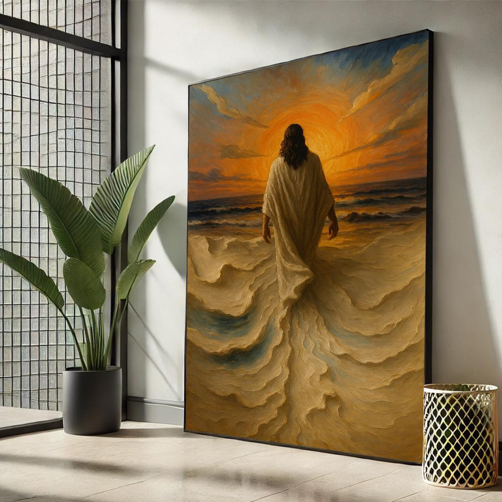 Jesus Walking on Water Canvas, Sunset Christian Wall Art, Ready to Hang