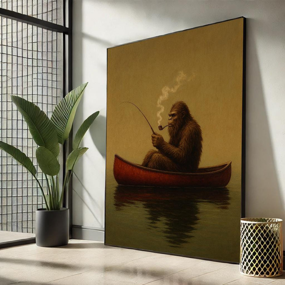 Bigfoot Fishing Canvas Art Print, Funny Cabin Decor