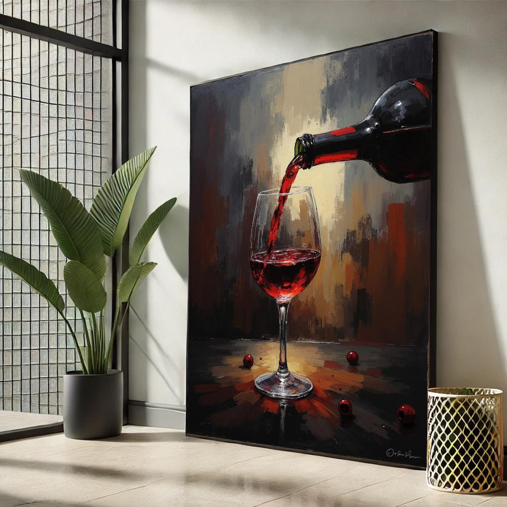 Red Wine Pour Canvas Print, Modern Oil Style Kitchen Decor