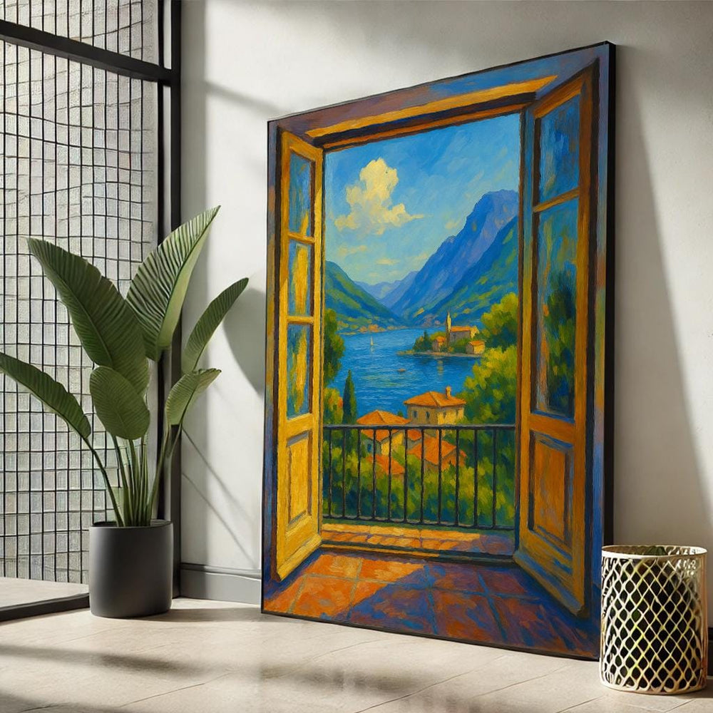 Lake Como Canvas Print, Mediterranean Window View, Sunny Landscape Art