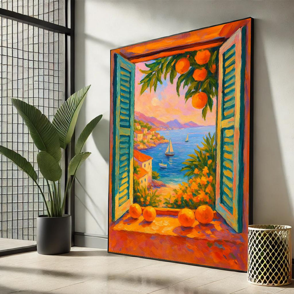 Mediterranean Window View Canvas, Coastal Sailboat Art, Ready to Hang