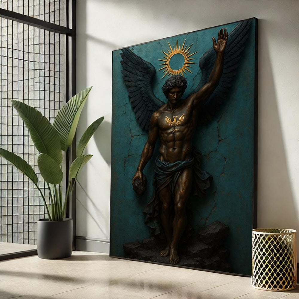 Dark Angel Canvas Print | Bronze Warrior Wings, Mythical Decor