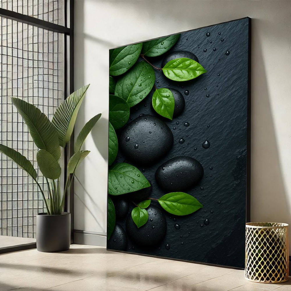 Zen Stone Canvas Art | Green Leaf Minimalist Wall Decor