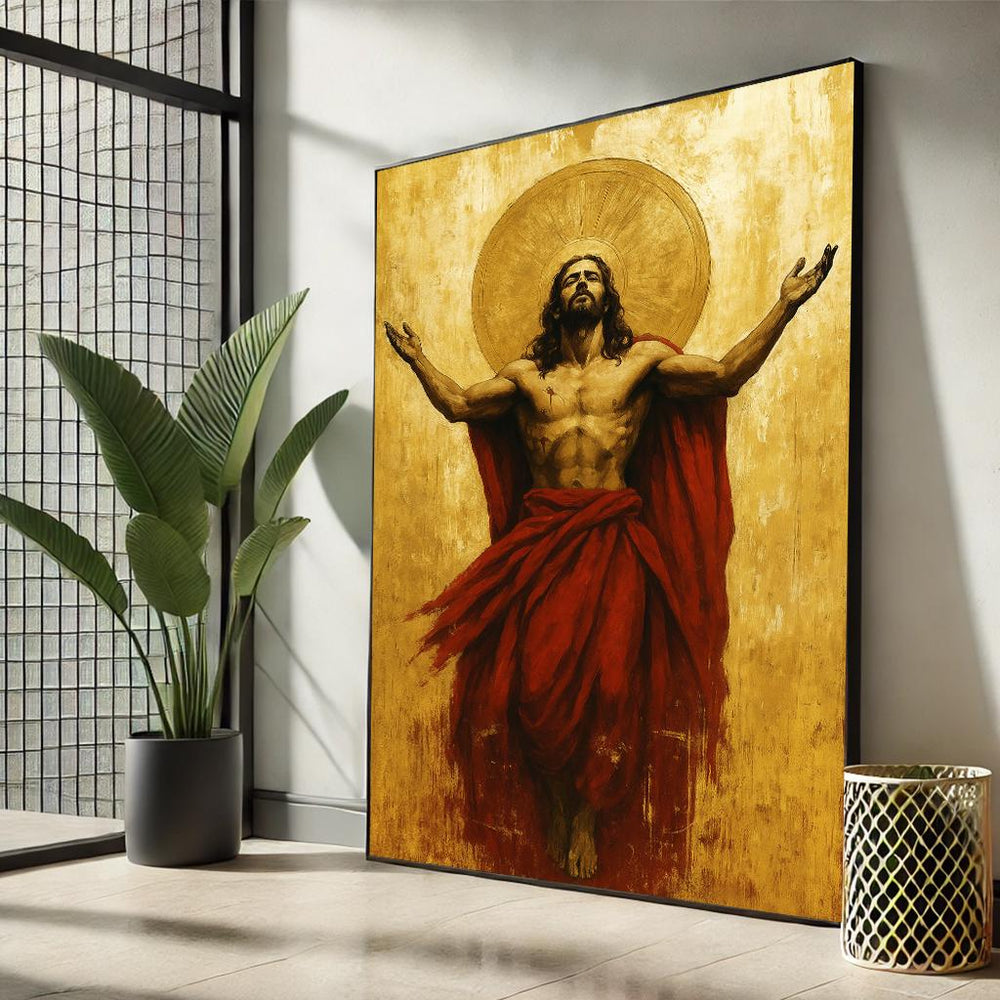Jesus Christ Canvas | Gold and Red Resurrection Art, Christian Home Decor