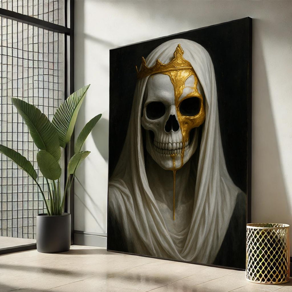 Gothic Skull Queen Canvas | Macabre Gold Crown Art