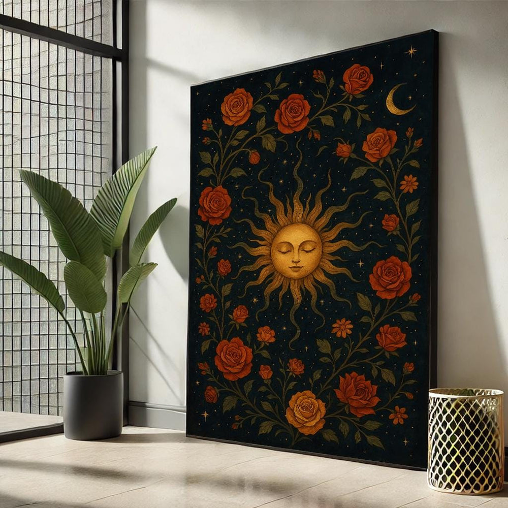 Celestial Sun and Moon Canvas | Vintage Rose Floral Wall Art