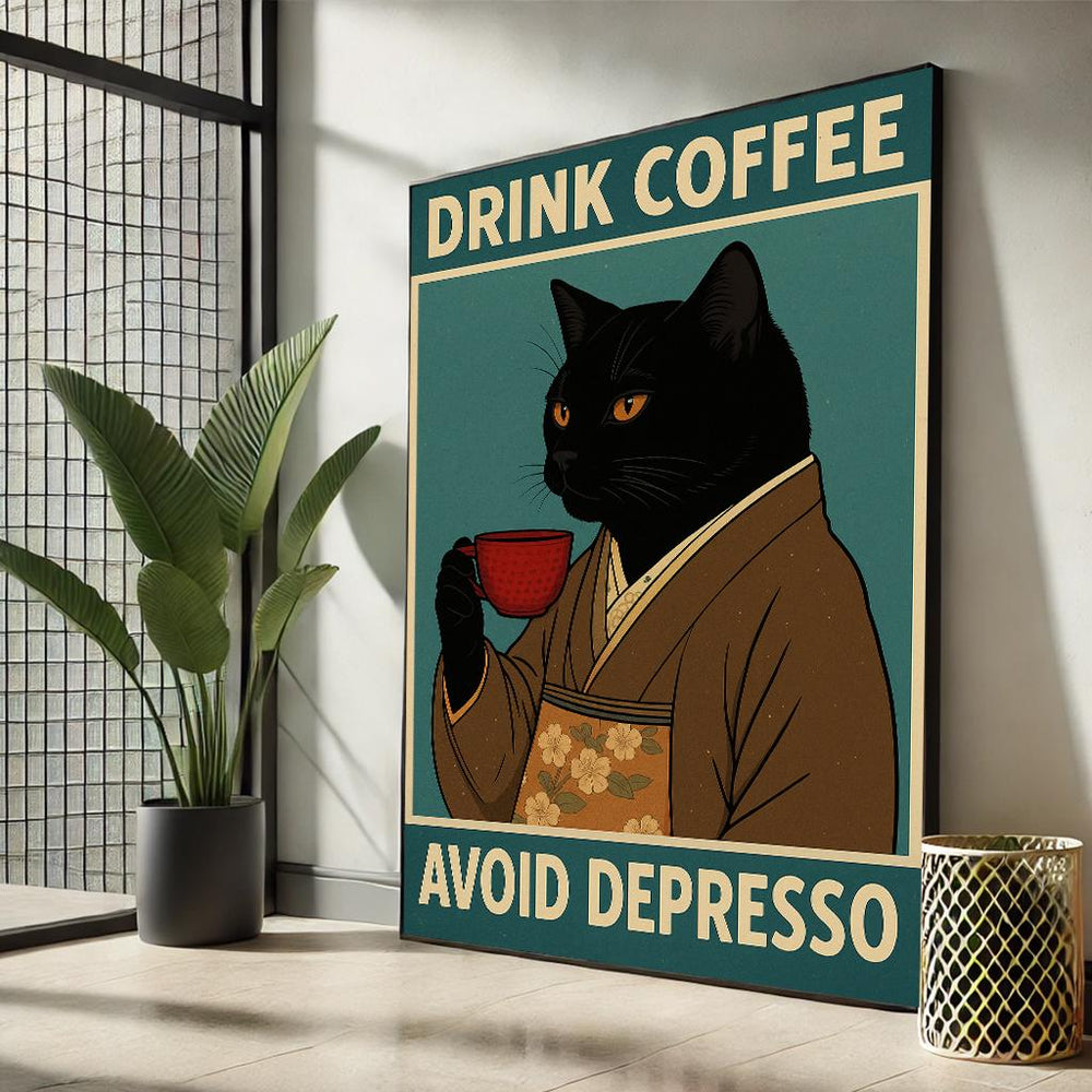 Funny Cat Coffee Canvas | Retro Humor Wall Art