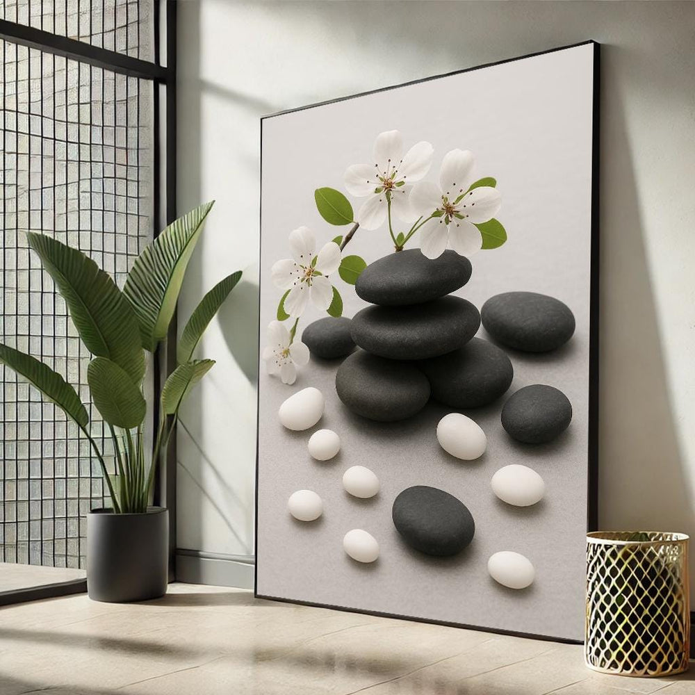 Zen Stones and Flowers Canvas Art | Minimalist Spa Decor