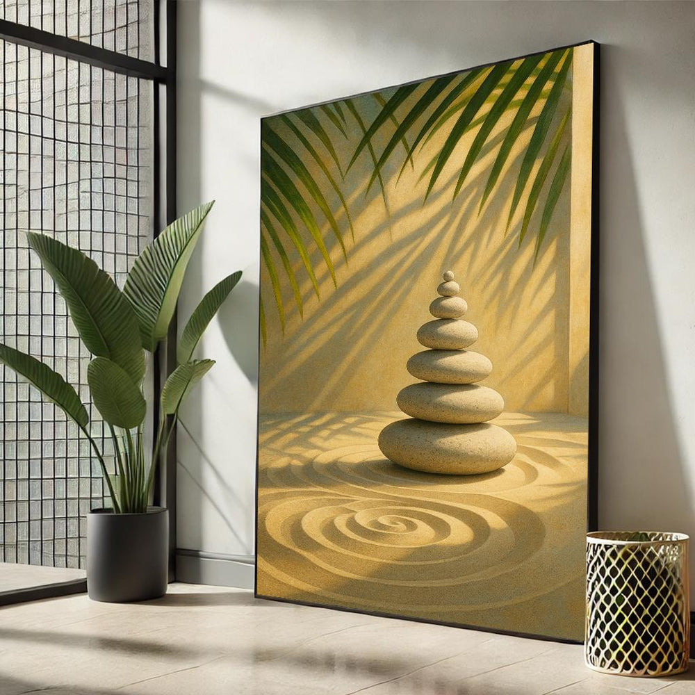 Zen Stone Stack Canvas | Tropical Palm Shadow Wall Art