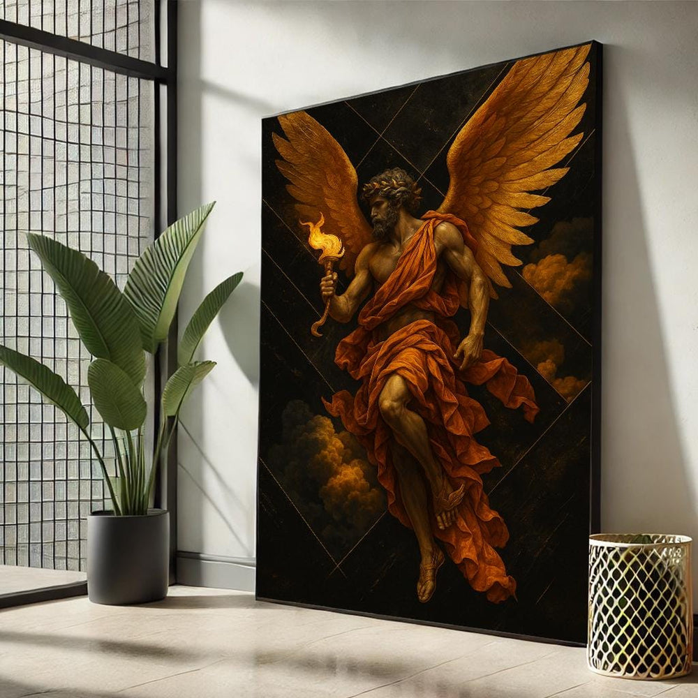 Baroque Fire Angel Canvas | Golden Winged Mythological Wall Art – Powerful Masculine Divine Decor