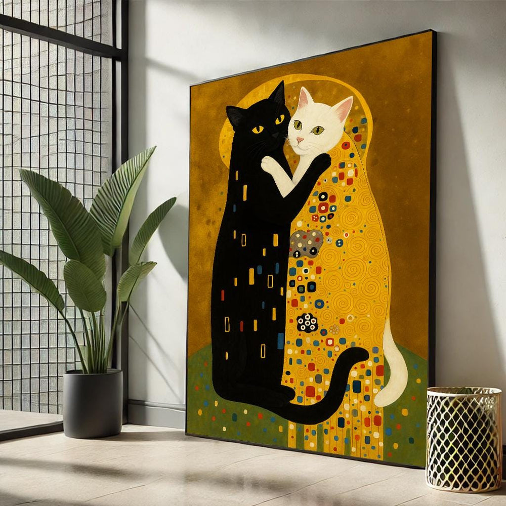 Klimt Cat Kiss Parody Canvas | Golden Hugging Cats Wall Art – Romantic Funny Feline Decor