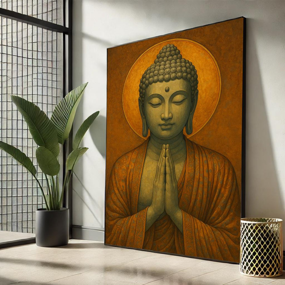 Golden Buddha Canvas Art – Namaste Pose, Meditation Decor