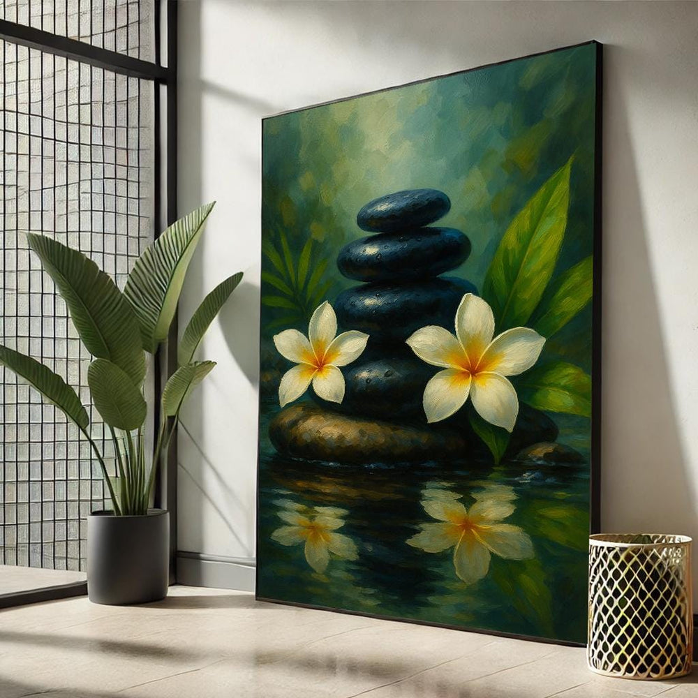 Zen Stones & Plumeria Flowers Canvas Art – Tranquil Spa Decor