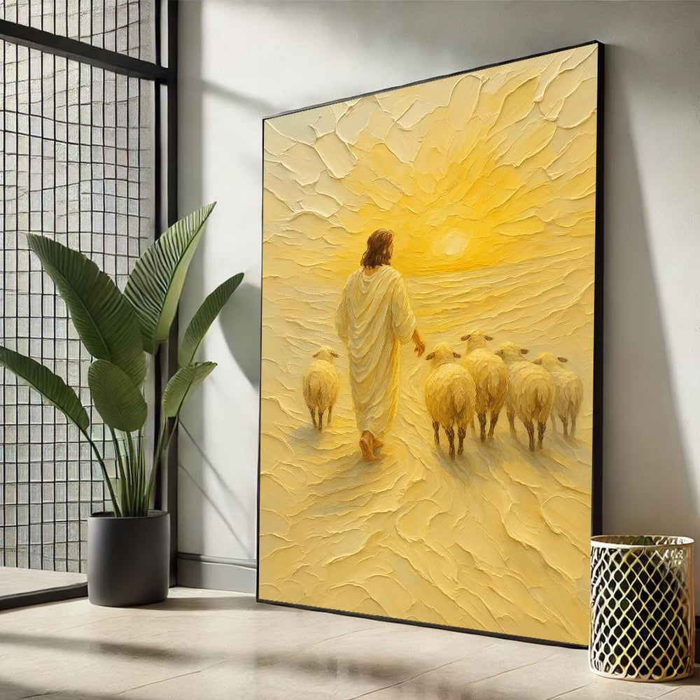 Jesus with Sheep Canvas Art | Golden Sunrise Christian Decor