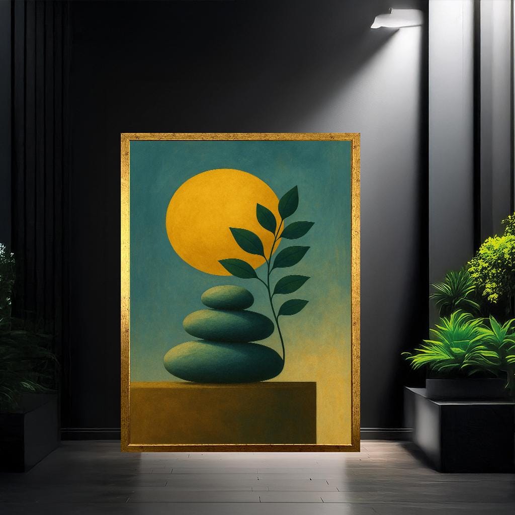 Zen Stones Canvas Art | Minimalist Pebbles, Golden Sun Print