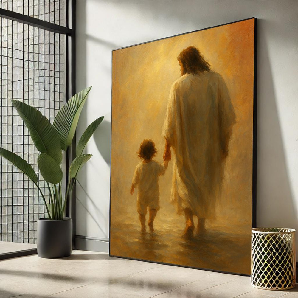 Jesus Walking with Child Canvas Art | Faith Inspired Painting