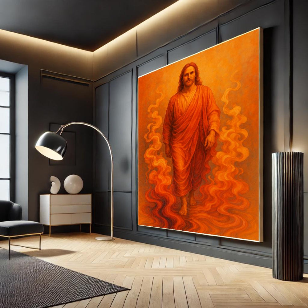 Ethereal Orange Jesus Canvas Painting | Vibrant Divine Art – Spiritual Wall Decor for Meditation Room