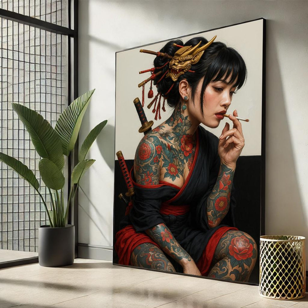 Vivid Tattooed Geisha Canvas Art | Intricate Japanese Samurai Style Wall Decor