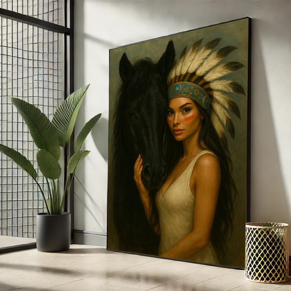 Native American Woman with Horse | Ethereal Canvas Wall Art – Tribal Portrait for Boho Decor