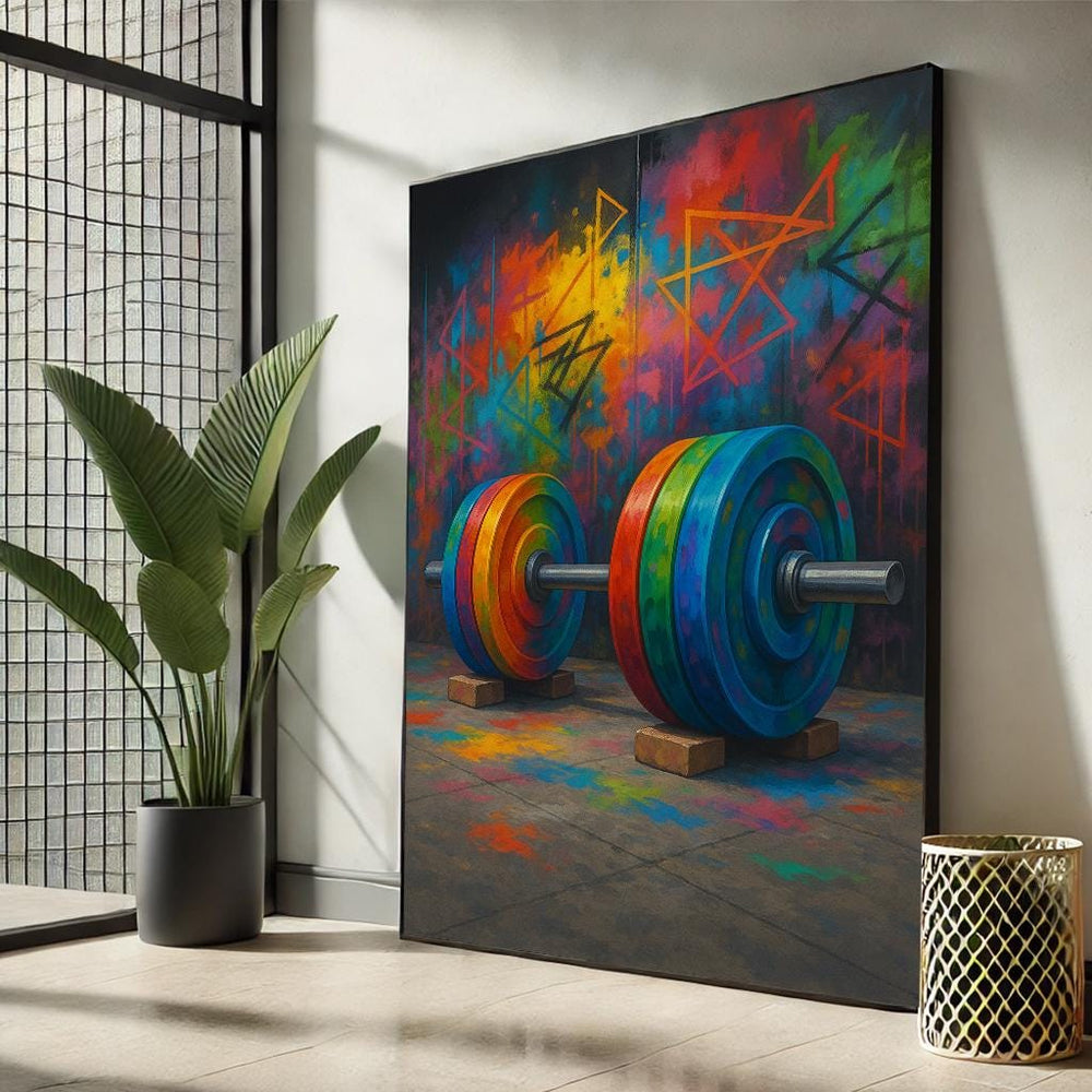 Vibrant GYM Graffiti Weightlifting Art | Bold Dumbbell Canvas Painting – Colorful Gym Decor