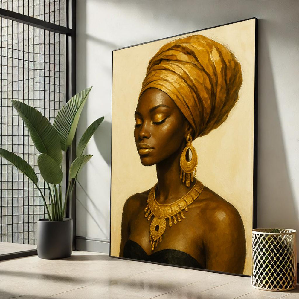 Golden African Afro Woman Art | Regal Portrait Canvas Painting | Afrocentric Wall Decor