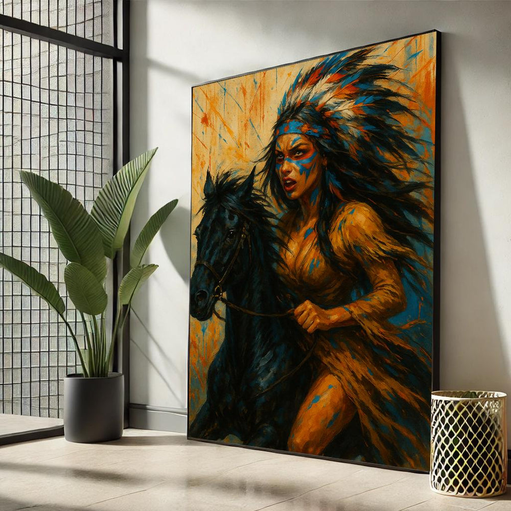 Vibrant Native Warrior Canvas Art | Dynamic Horseback Painting – Bold Tribal Expression for Living Room