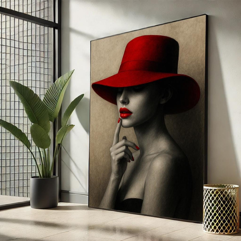 Chic Woman in Red Hat Canvas Art | Elegant Fashion Portrait