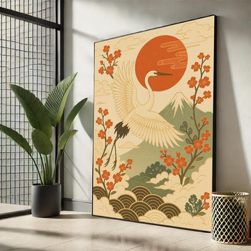 Serene Japanese Crane Canvas Art | Vintage Red Sun and Floral Landscape